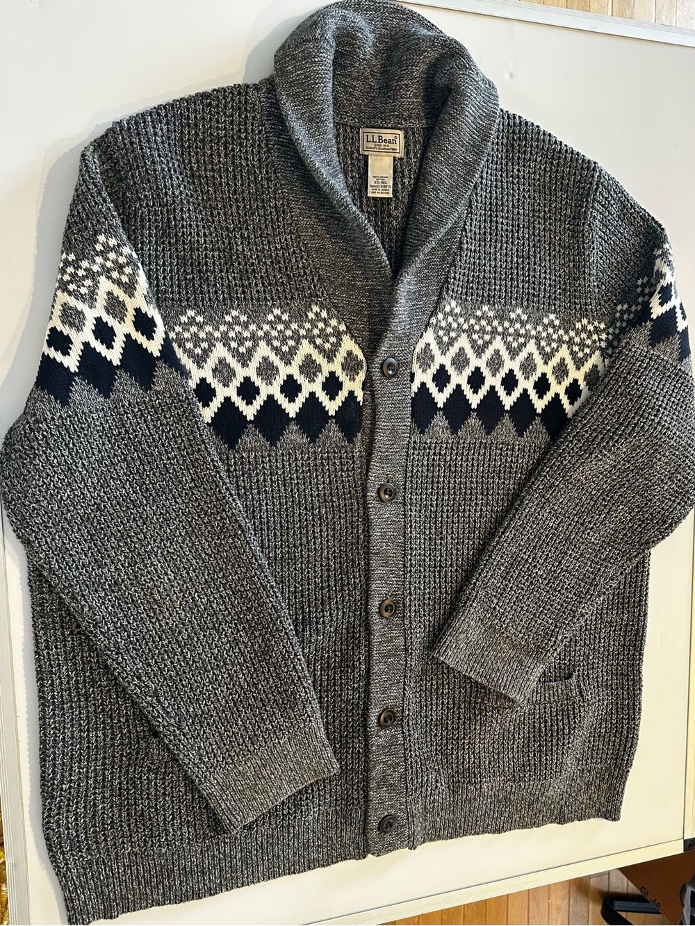 LL Bean Cardigan Sweater Mens Sz XXL Gray Organic Cotton Fair Isle Shawl Neck